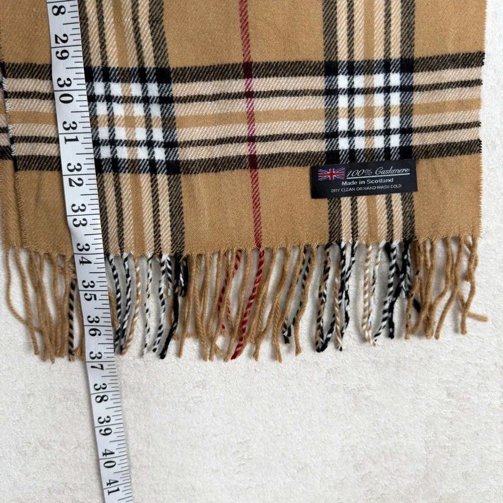 Burberry Style 100% Cashmere Scarf Tan Nova Check Plaid Made in Scotland Fringe